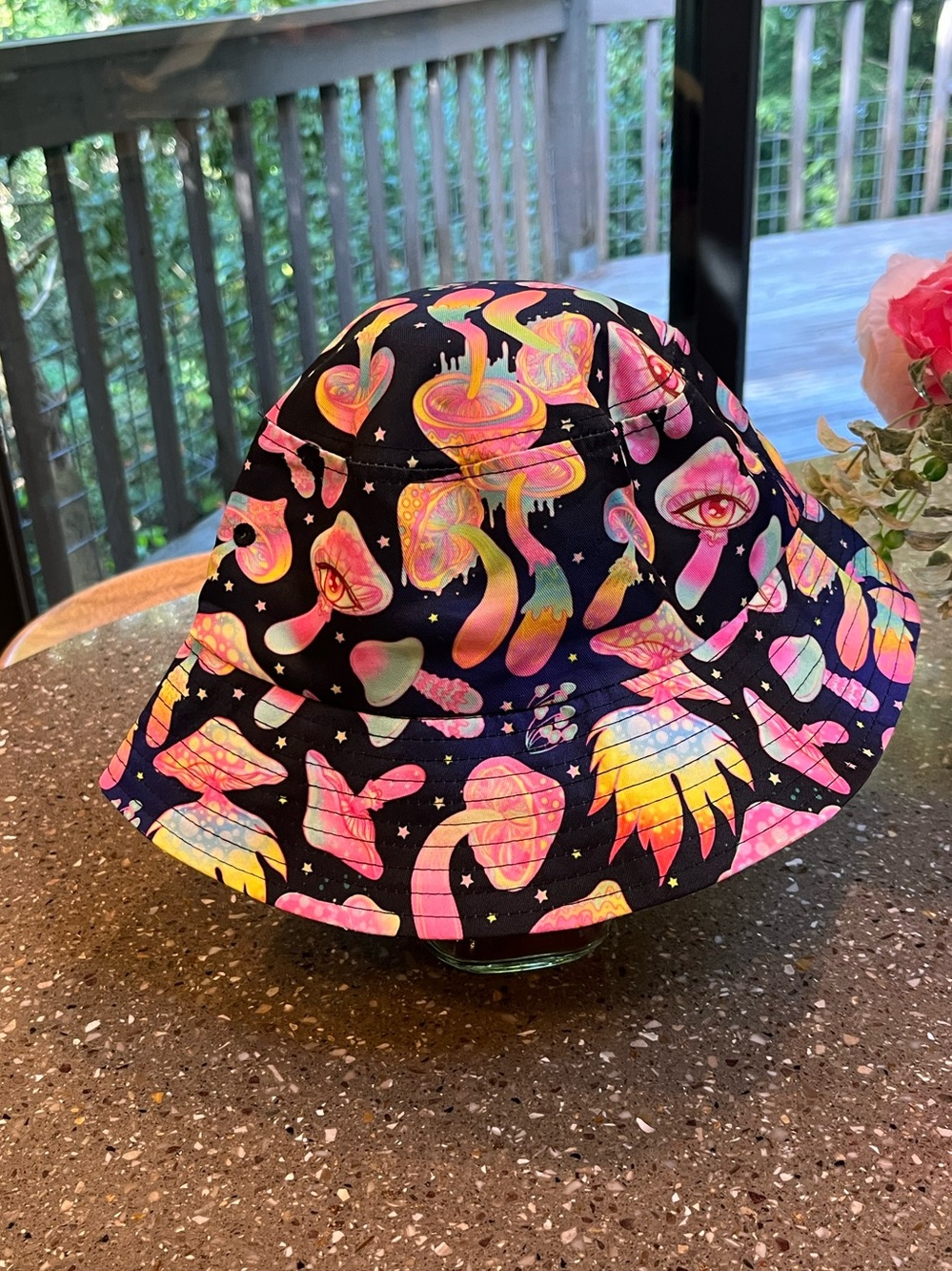 The awakening mushroom Bucket Hat with Neon Cosmic Print